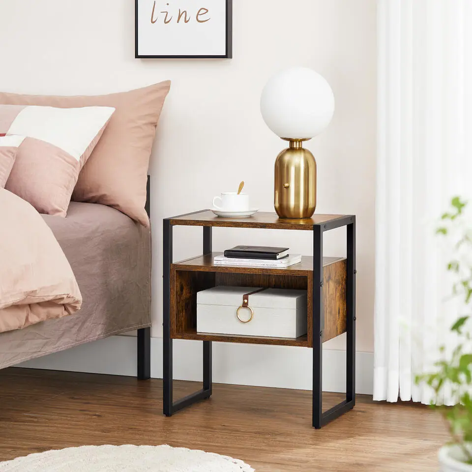 Nachtkastje - Bijzet Tafeltje, Industrieel, Metaal, Hout, Bruin / Zwart
