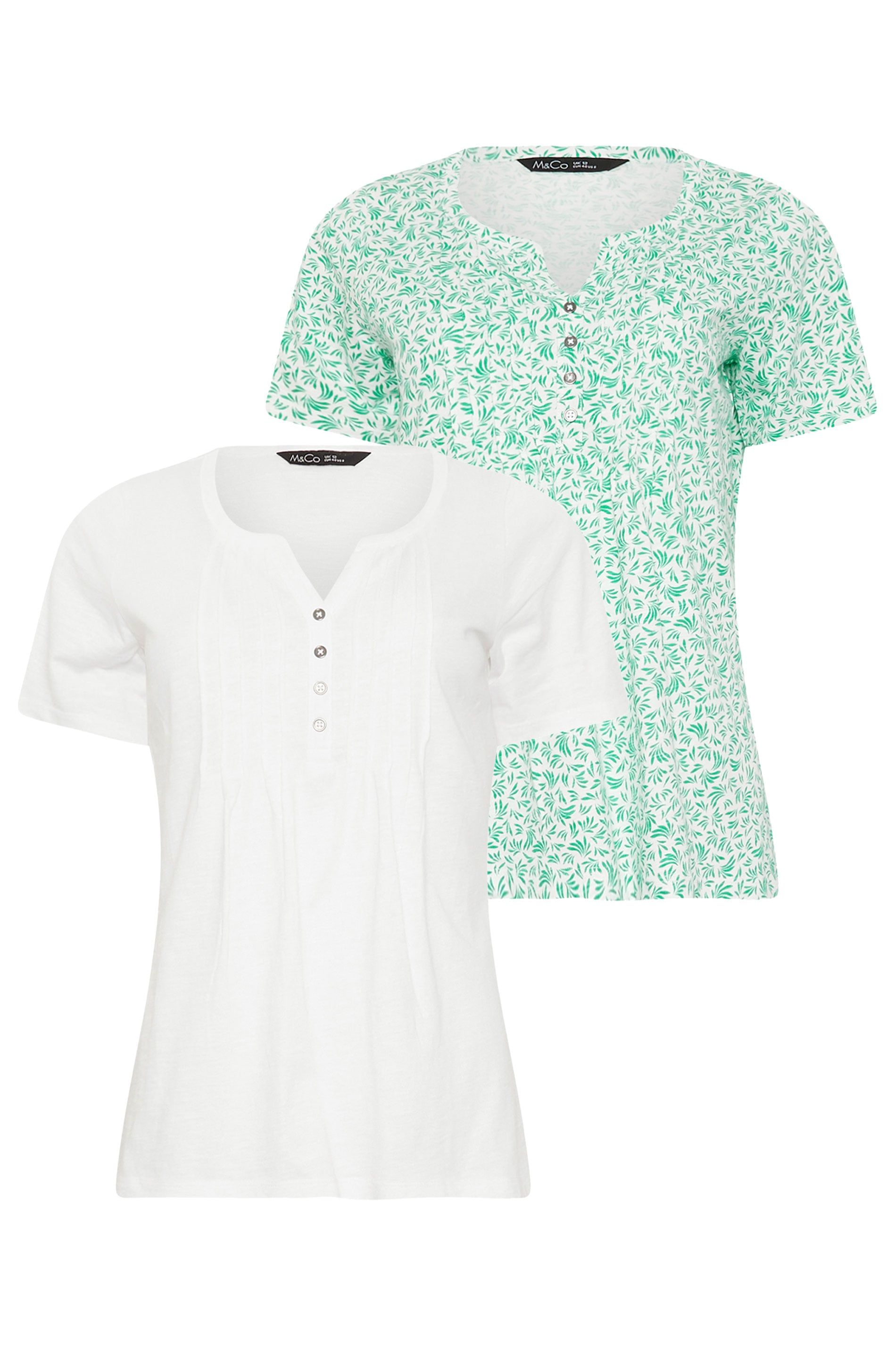 M&Co 2 Pack Leaf Print Cotton Henley Tops