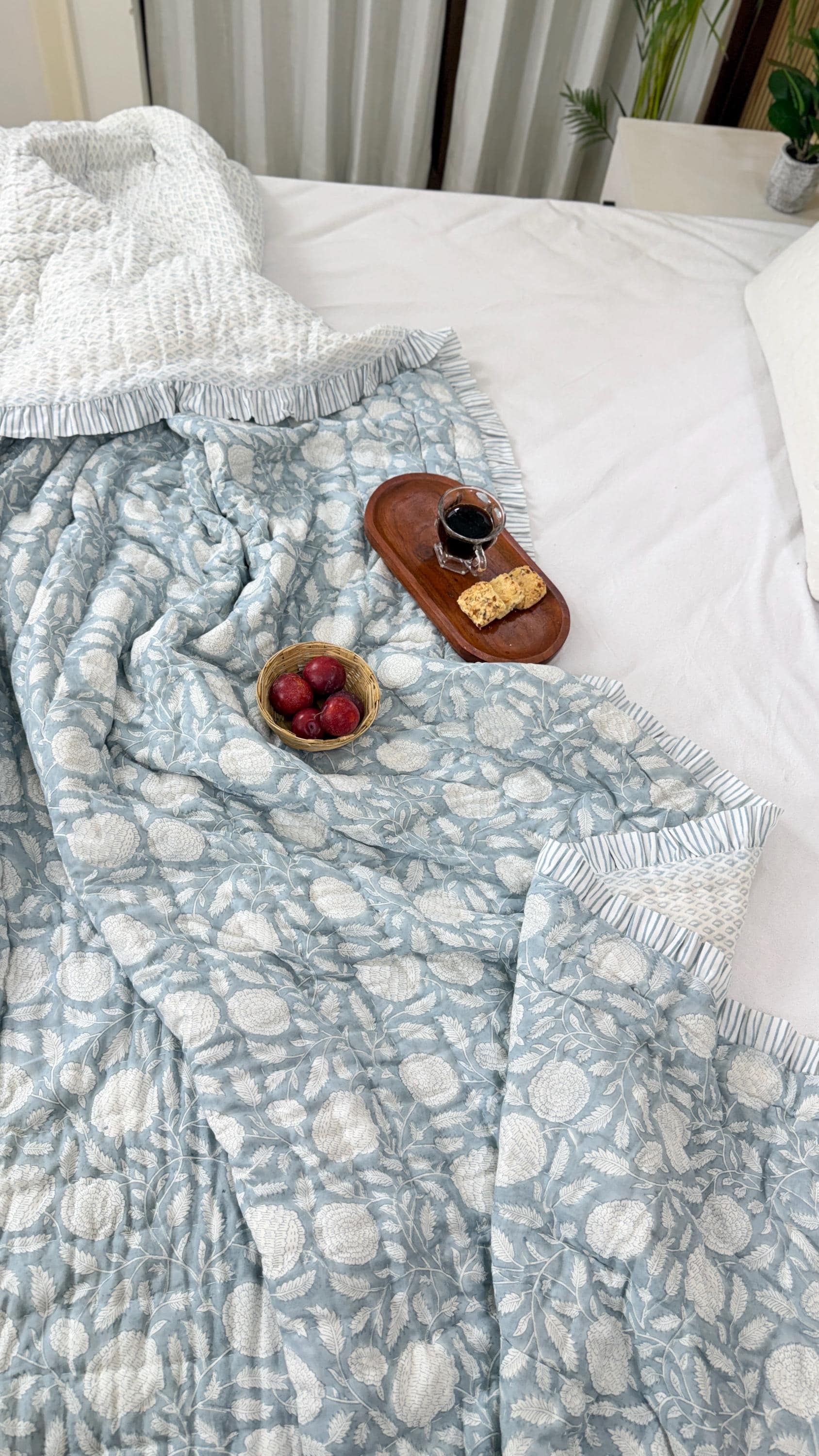 Jaipuri Hand Block Printed Quilt Dusty Blue Cotton Quilt Dorm Blanket Ruffle bedding Bedspread Floral Queen Size Comforter All Season Quilt