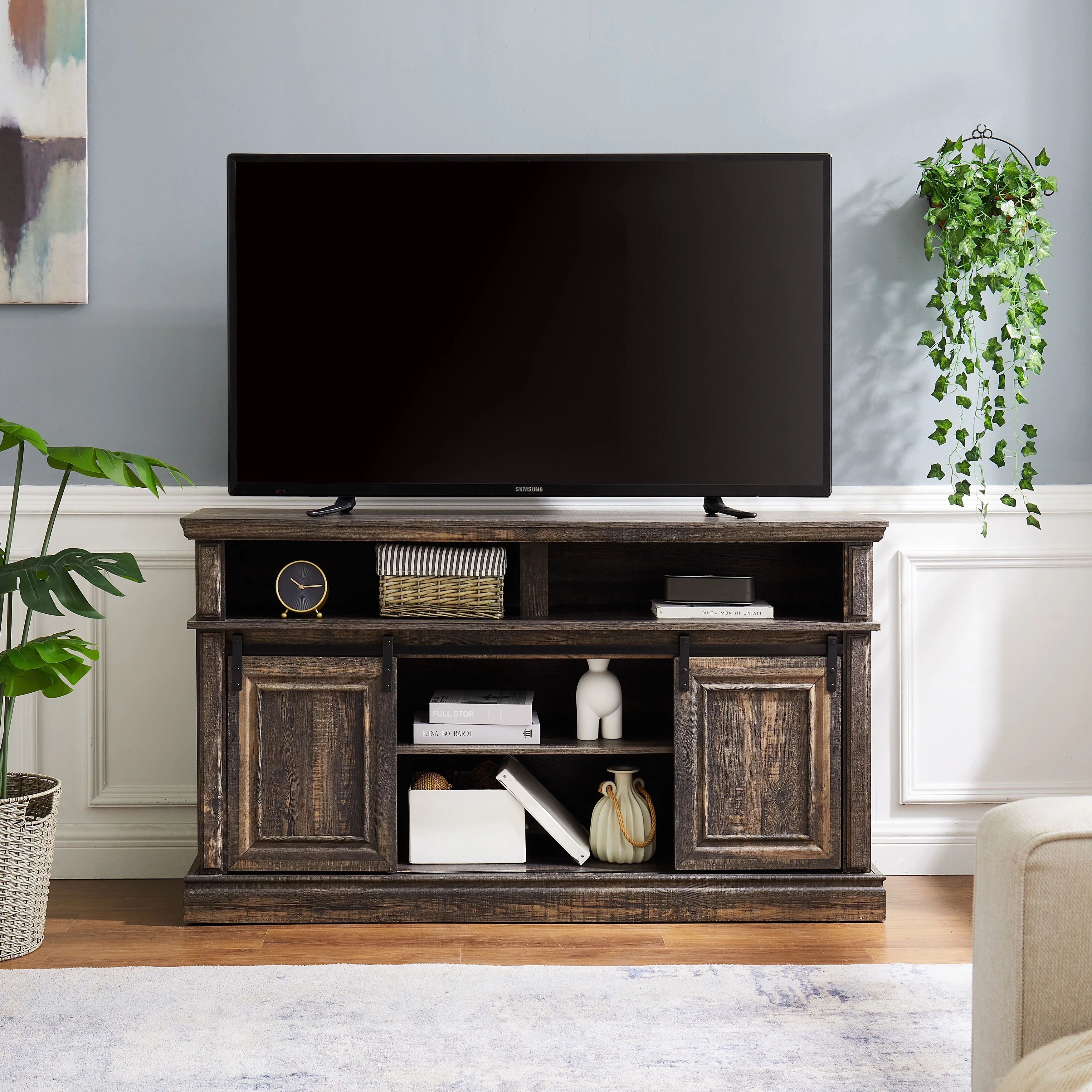 Antique Brown 58 TV Stand with Cable Cutouts, Sliding Door & Storage for TVs Up to 65