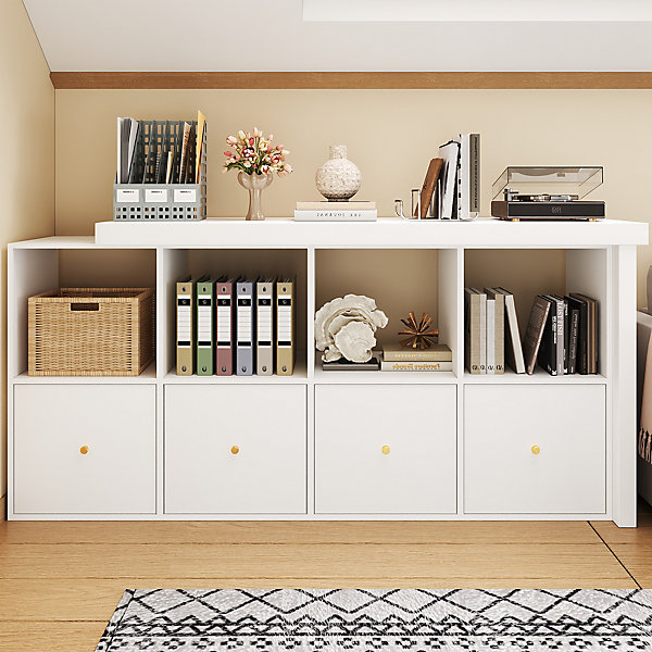 Bureau d'angle pivotant - 4 compartiments et 4 tiroirs - Plateau pivotant à 360 - Plateau et pieds renforcés - MDF - Blanc