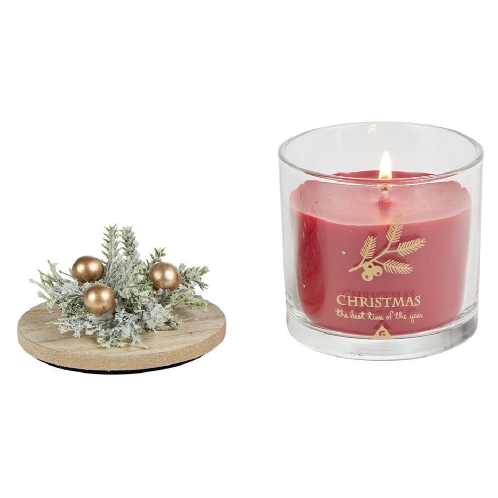 Bougie de No&euml;l rouge pot en verre couvercle bois senteur grenade 25H - Ø8xH7,5cm