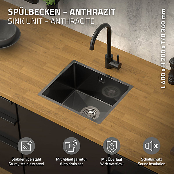 Evier de cuisine en acier inoxydable à encastrer anthracite avec vidage 40x34 cm