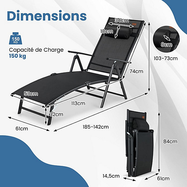 Chaise Longue Pliante avec Dossier Réglable à 7 Niveaux avec Accoudoir et Repose-tête-Transat Jardin Charge 150 KG Noir