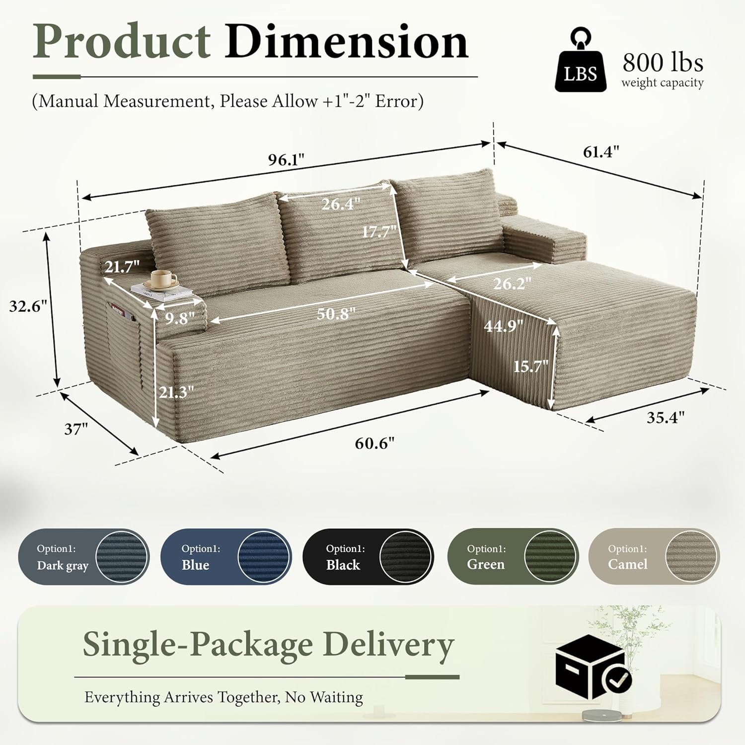 96 Sectional Couches for Living Room Cloud Couch Sofa with L-Shape Upholstered Boneless Couchs Modern Modular Sectional Couch with Chaise (Camel, 96 W+Right Facing Chaise+2Seaters)