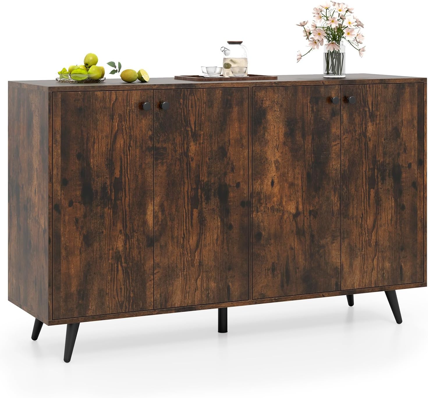 Giantex Sideboard Buffet Cabinet, 50’’ Accent Kitchen Storage Cabinet with 4-Door & 5-Position Adjustable Shelves, Modern Sideboard with 5 Legs, Buffet Table for Coffee Bar, Living Room, Rustic Brown