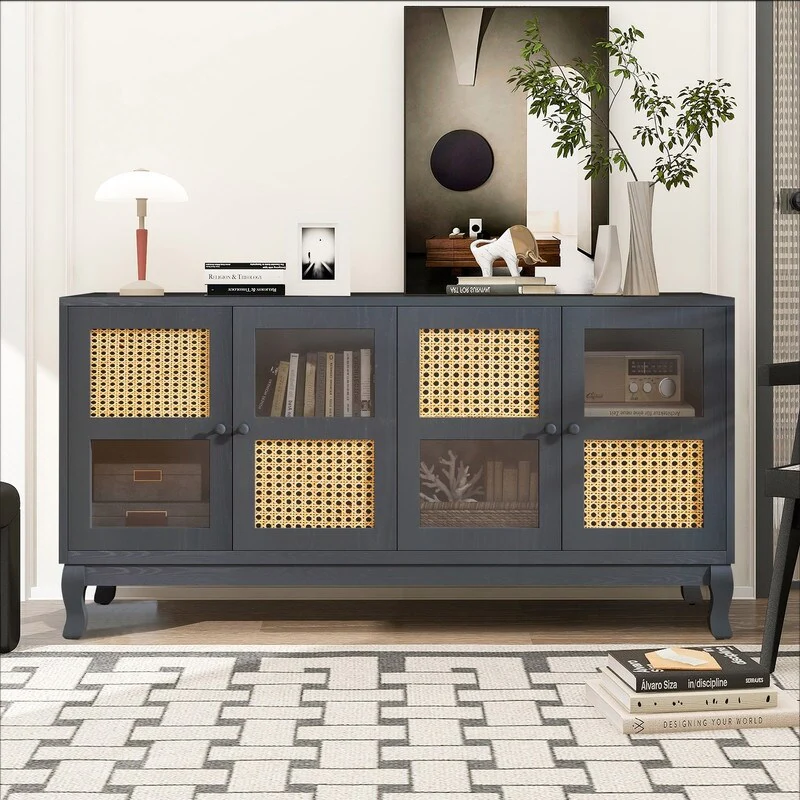Retro 4-Door Sideboard with Large Storage Space and Rattan Doors for Home Entryway Decor