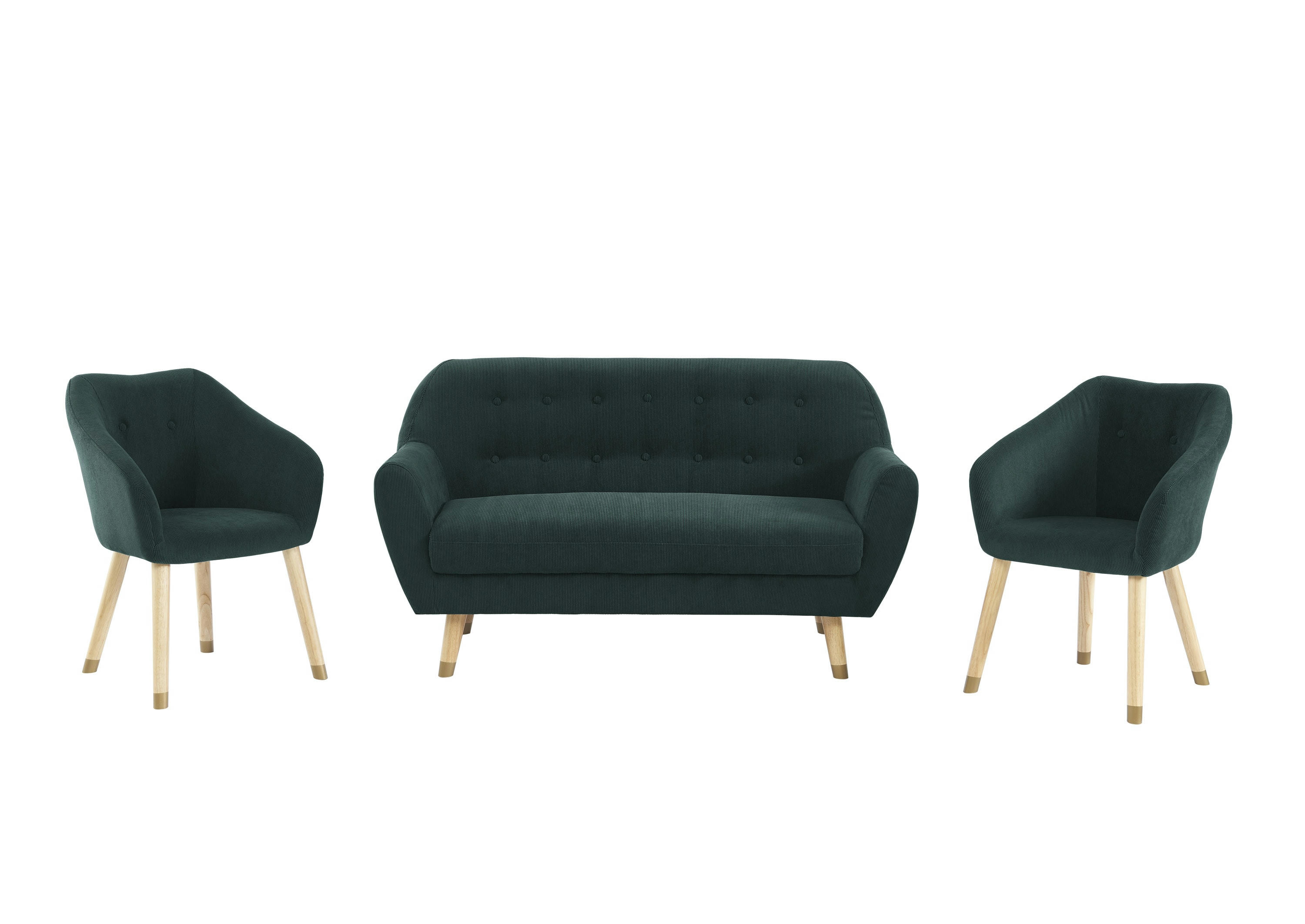 HILDA - Ensemble canapé + 2 fauteuils en velours côtelé 4 places vert