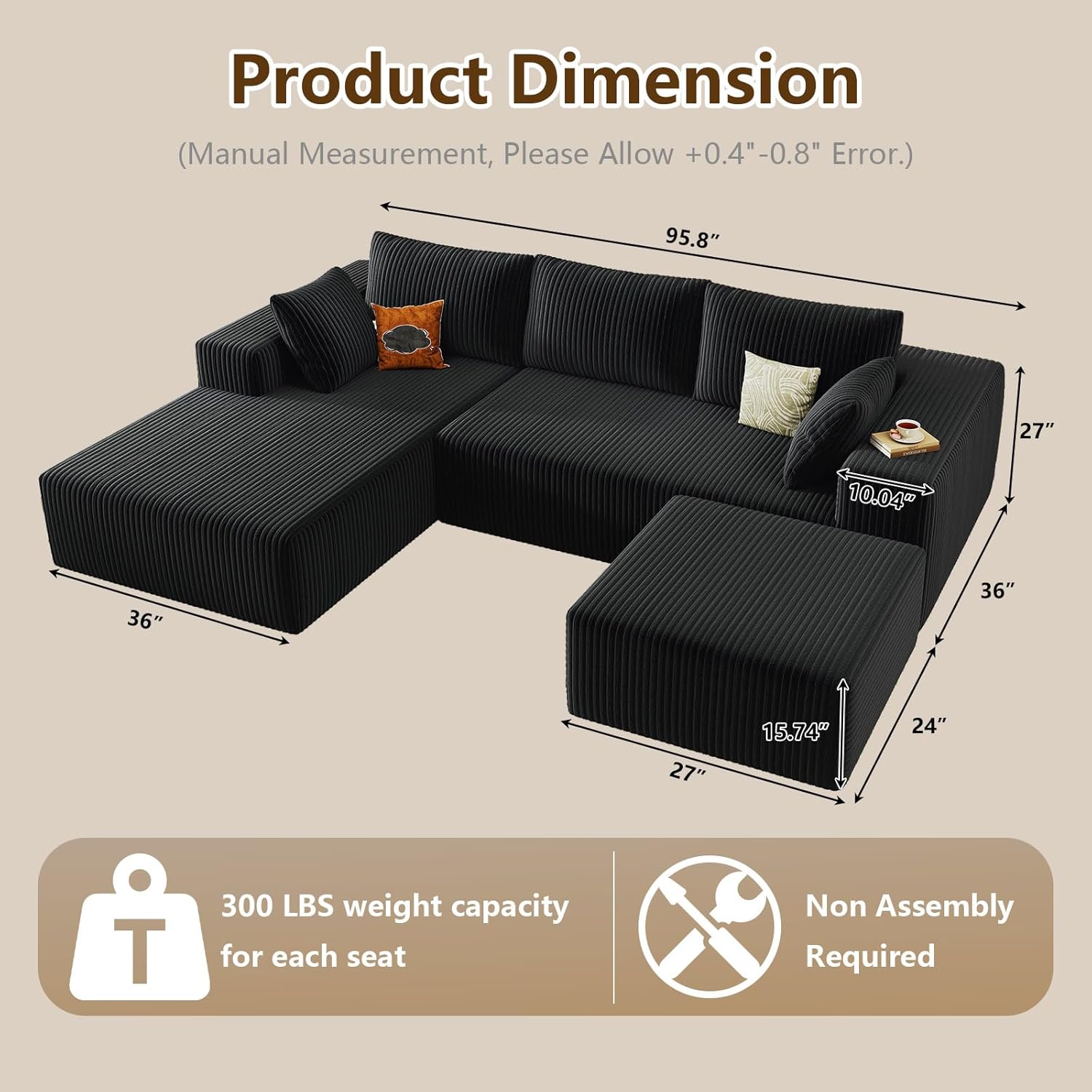 96 U-Shape Cloud Couch, Modern Modular Sectional L-Shape Sofa with Ottoman, Corduroy Upholstered Couches Deep Seat Sleeper Chaise Longue for Living Room, No Assembly Required(Black, Left Facing)