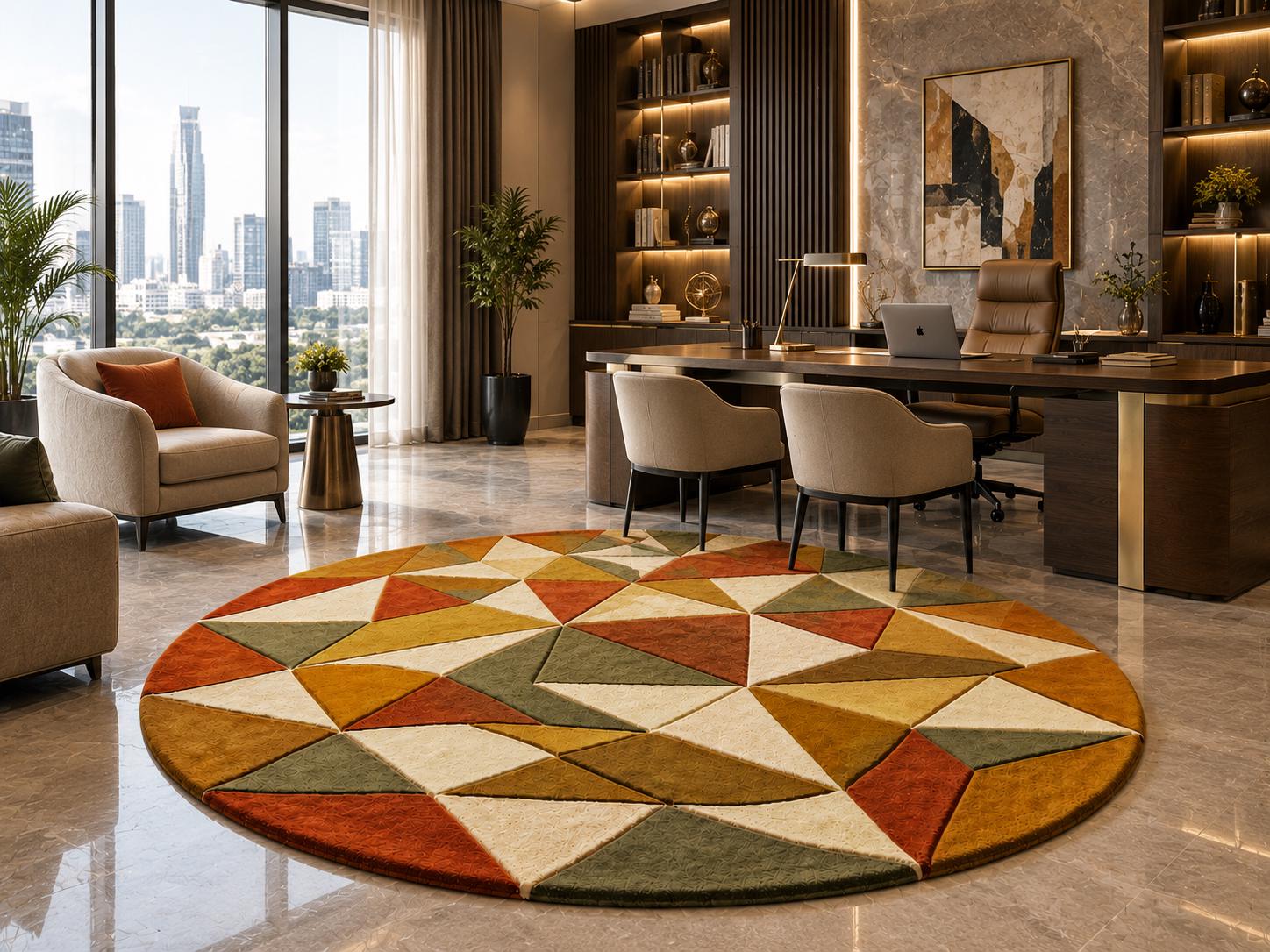 Hand Tufted Wool Area Rug, Round Geometric Abstract Rug, Rust Olive Mustard Cream,Colorful Abstract Geometric Area Carpet,Modern Living Room