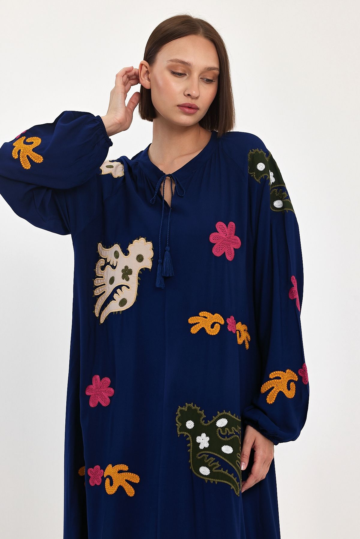 Belissh Embroidered Maxi Dress with Statement Motifs in Navy Blue