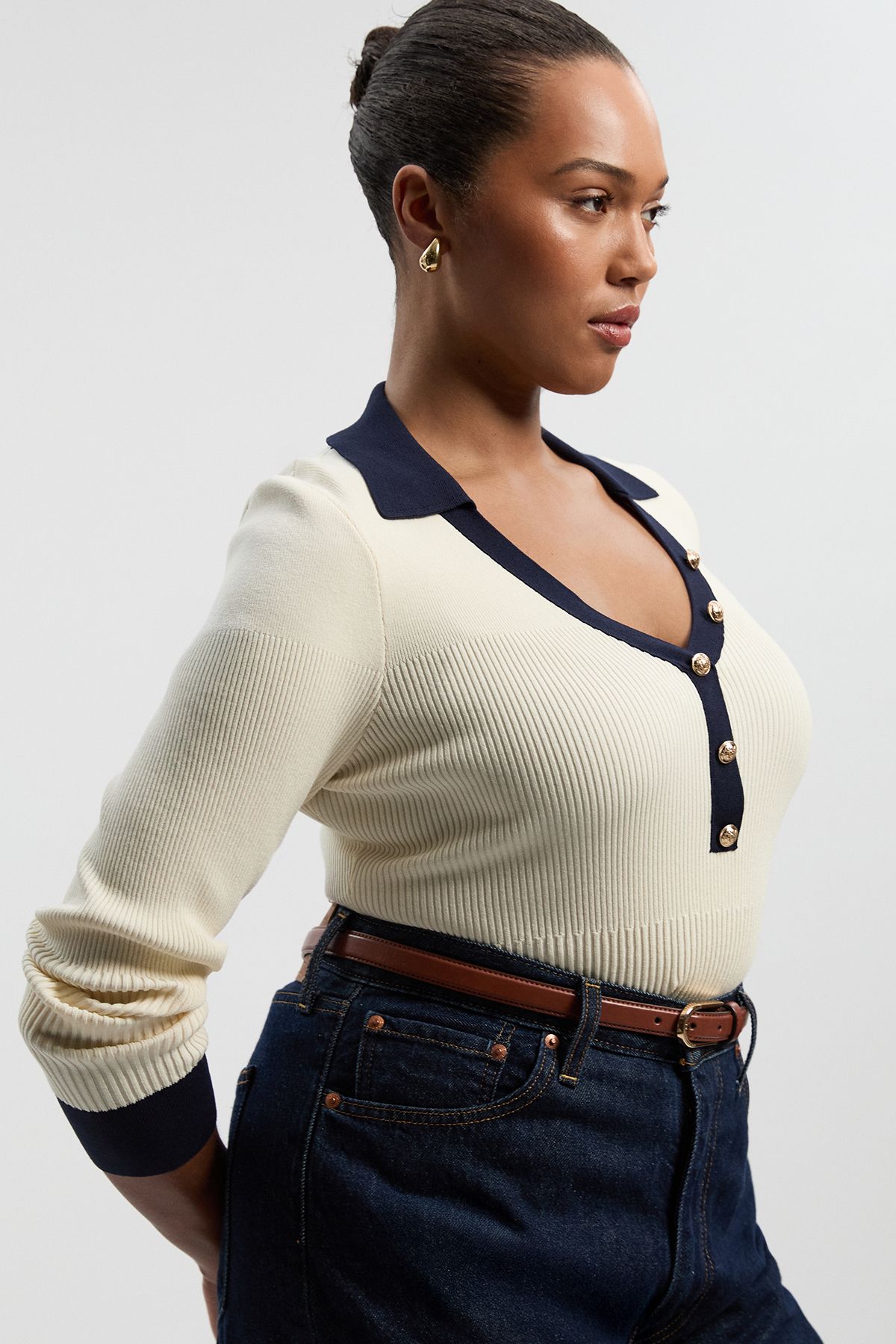 KarenMillen Plus Size Knit Rib With Contrast Hem Detail Collared Top