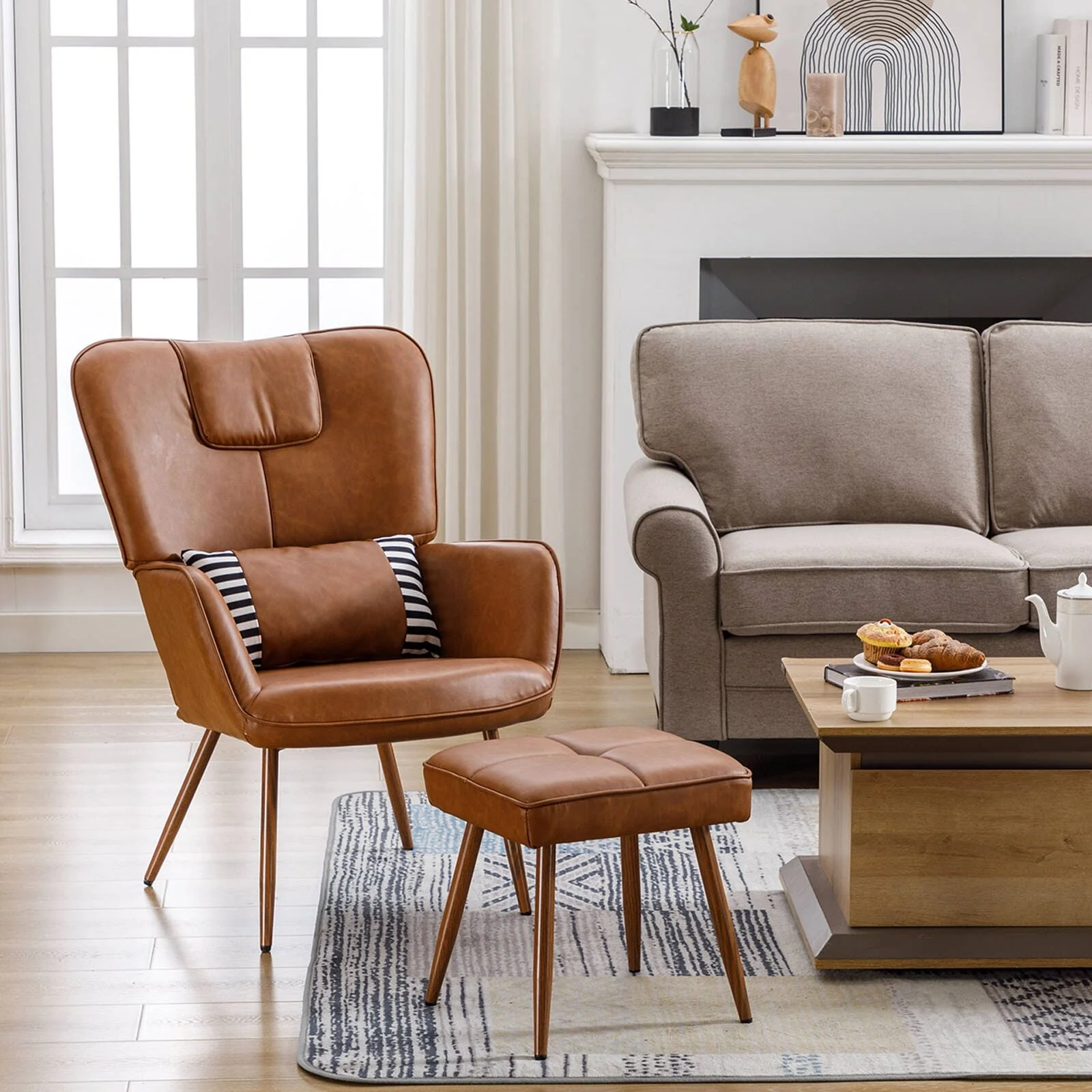 Hausfame Faux Leather Wingback Chairs with Ottoman Accent Chairs Living Room Chairs