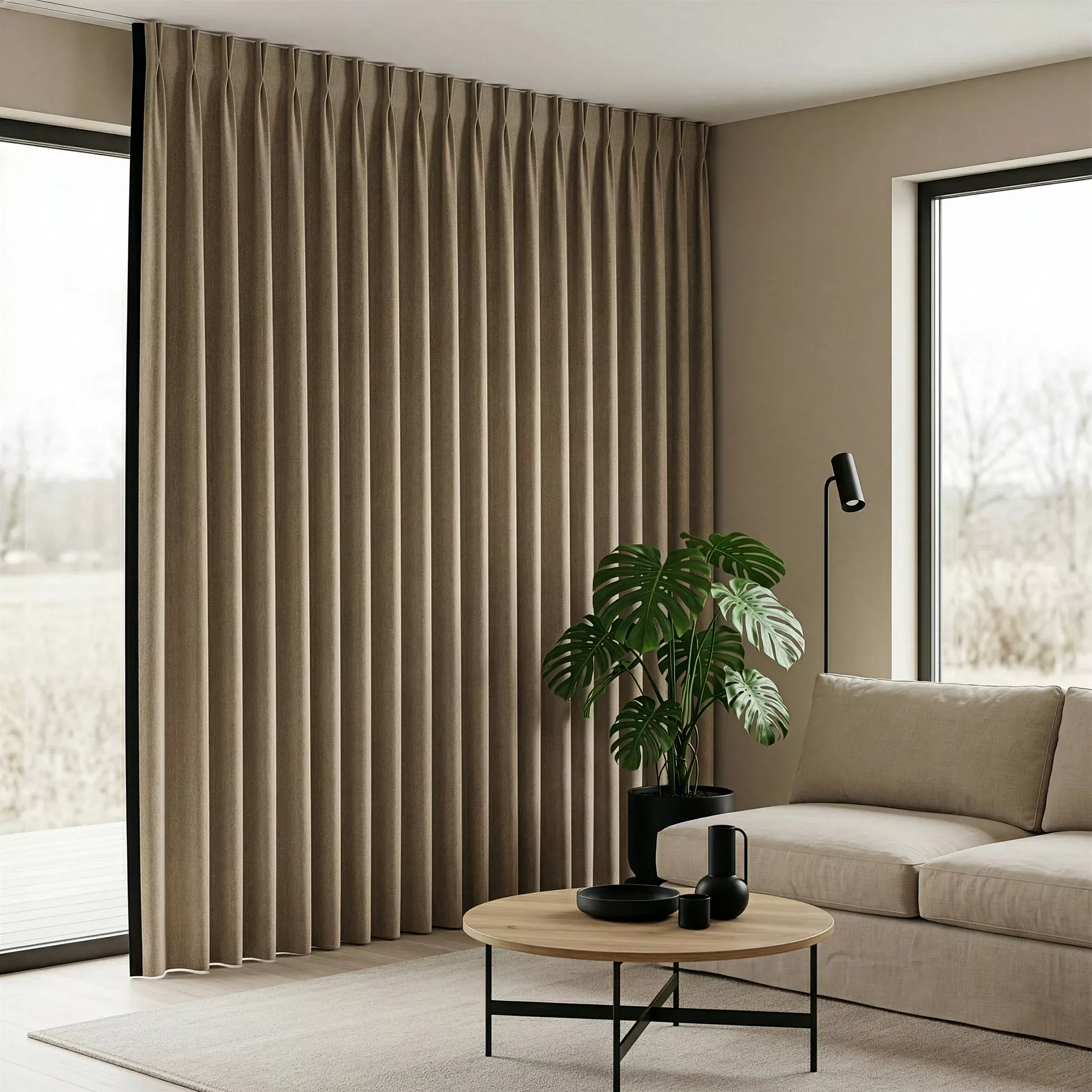 Zasłona beżowo, czarna 100x256 cm o widocznym grubym splocie z ozdobną obszywką flex 1:2
