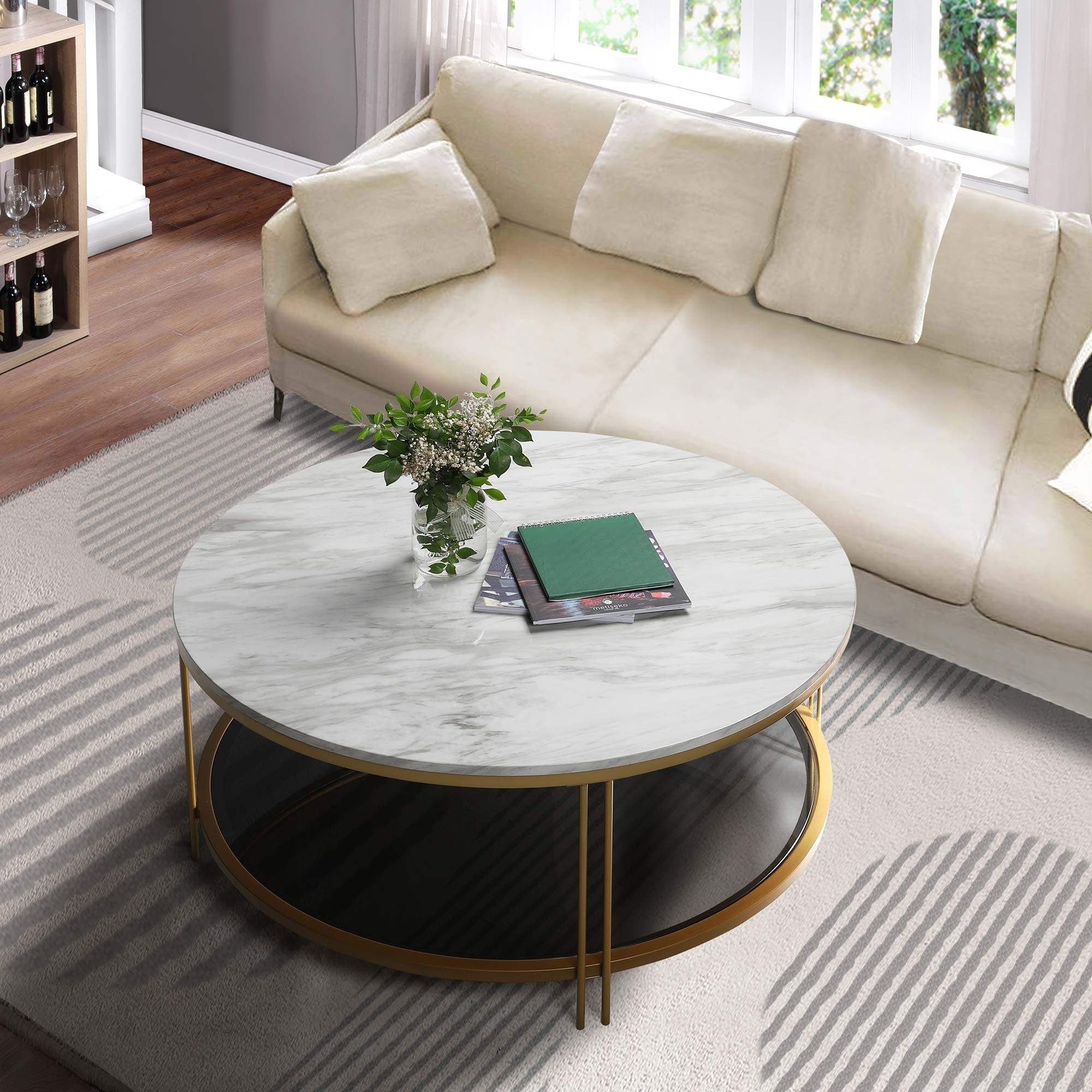 Modern Glam 36 Round Modern Cocktail Glass Coffee Table Storage Shelf with 4 Gold Cross Legs Faux Marble Veneer