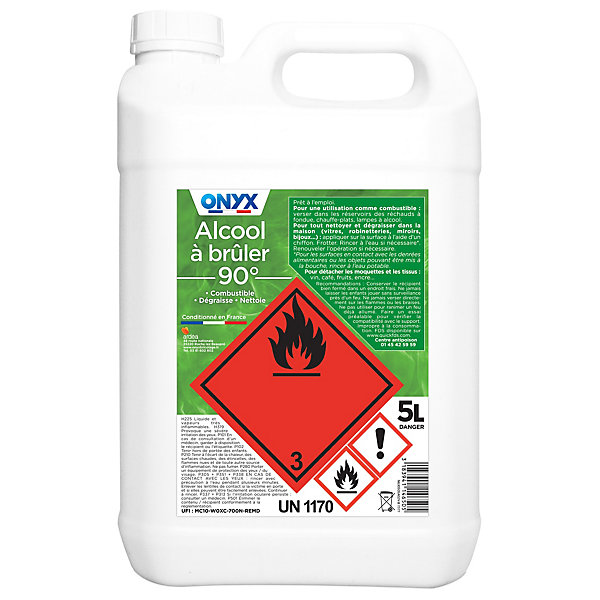 Alcool à brûler 90° pour métal, bois, tissus et vitres Onyx 5 L