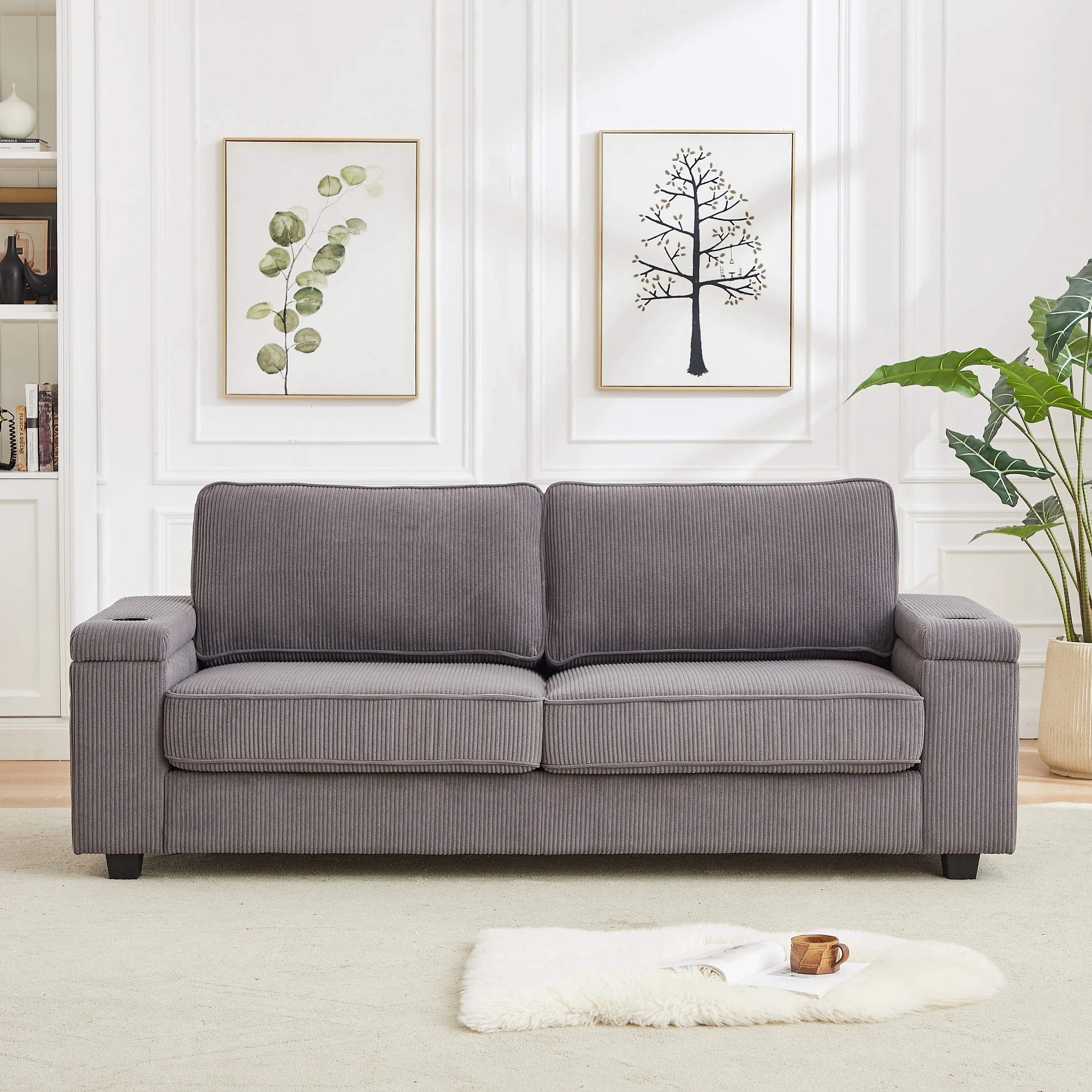 Grey Modern 86.5 Corduroy 3-seater Sofa with Two Storage Spaces and USB Charging Ports and 2 Cup Holders