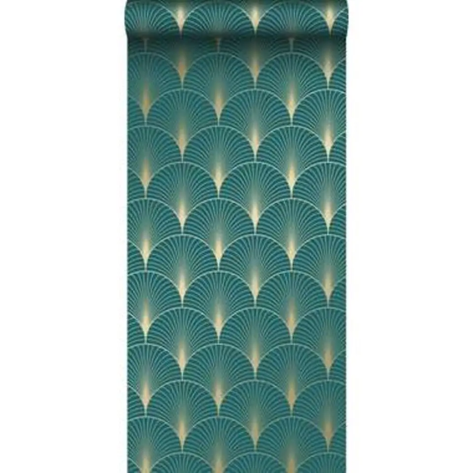 ESTAhome behang art deco motief petrolblauw en goud - 53 cm x 10.05 m