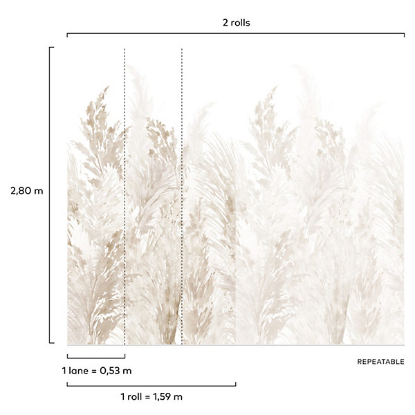 Papier peint panoramique intissé pampas beige, 3 lés, L.280 x l.159 cm Grandeco