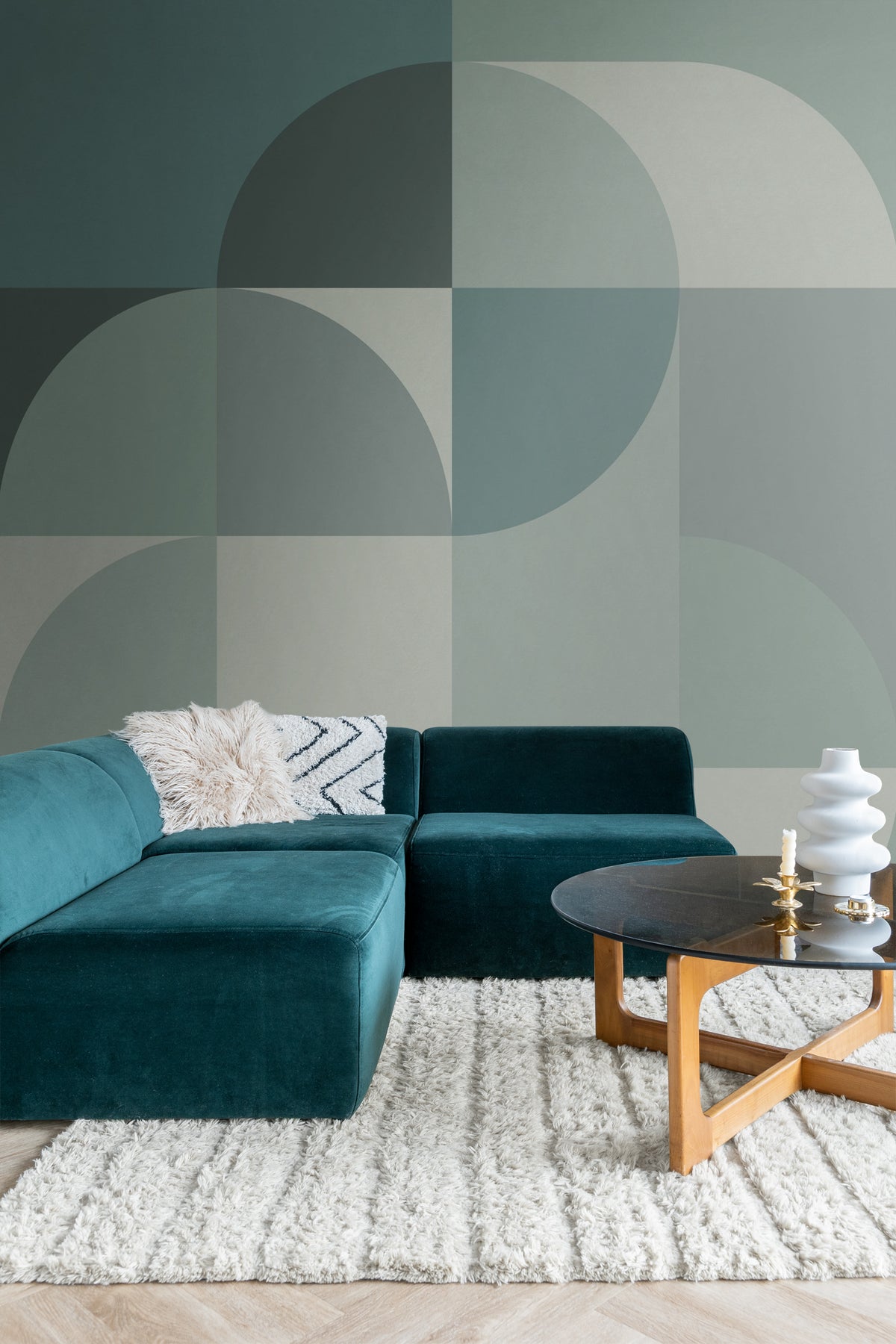 Origin Wallcoverings fotobehang cirkels in Bauhaus stijl vergrijsd turquoise - 250 x 279 cm - 357323
