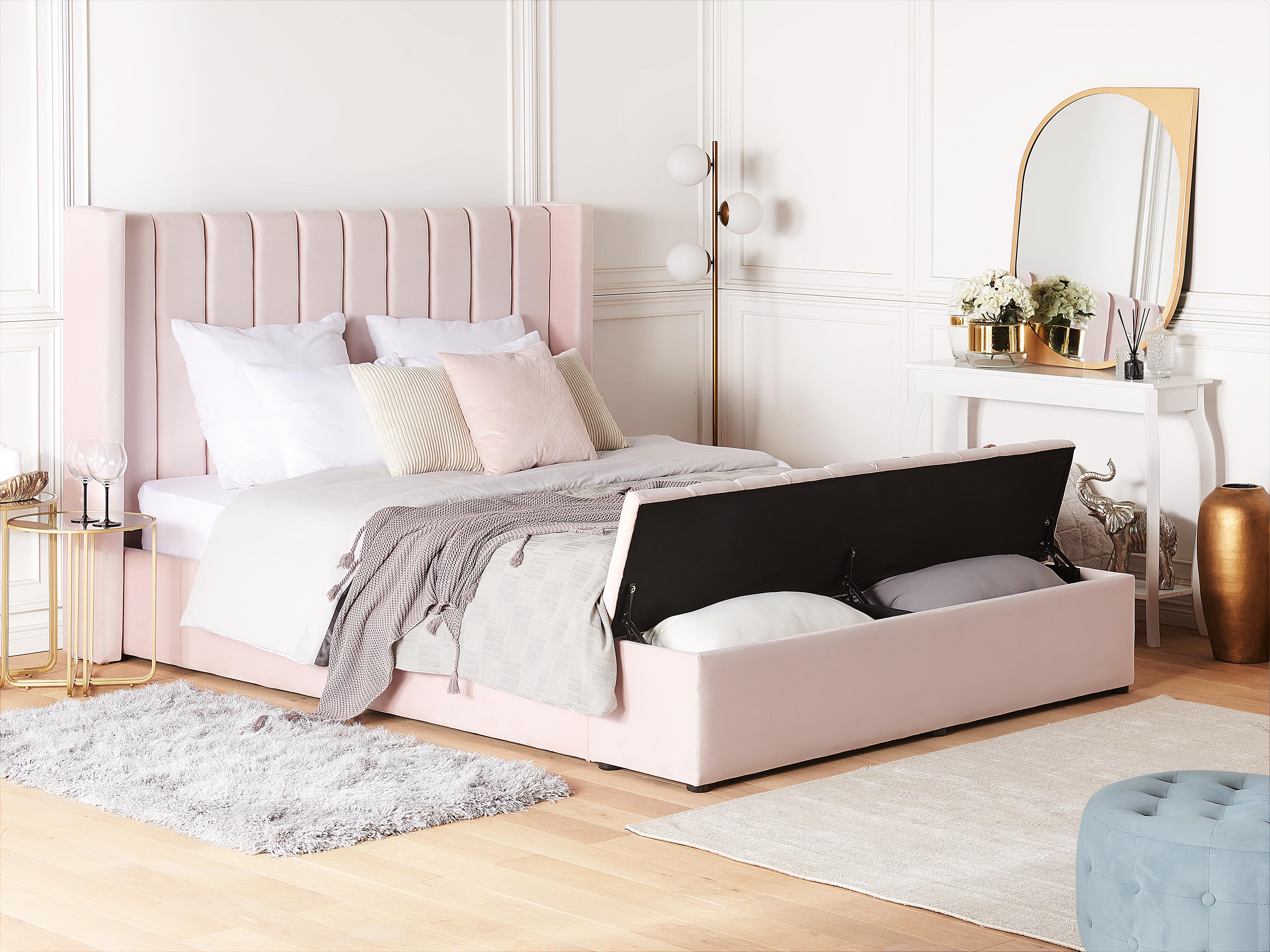 Bed with Storage Bench Velvet NOYERS 180 x 200 cm (EU Super King) Pastel Pink