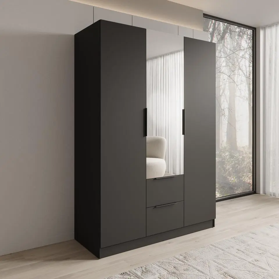 Meubella - Caliero - Kledingkast met spiegel - Zwart - 150x60x216 cm