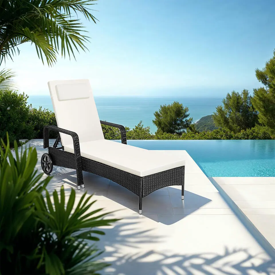 tectake Wicker ligbed met wielen, Zwart/Beige