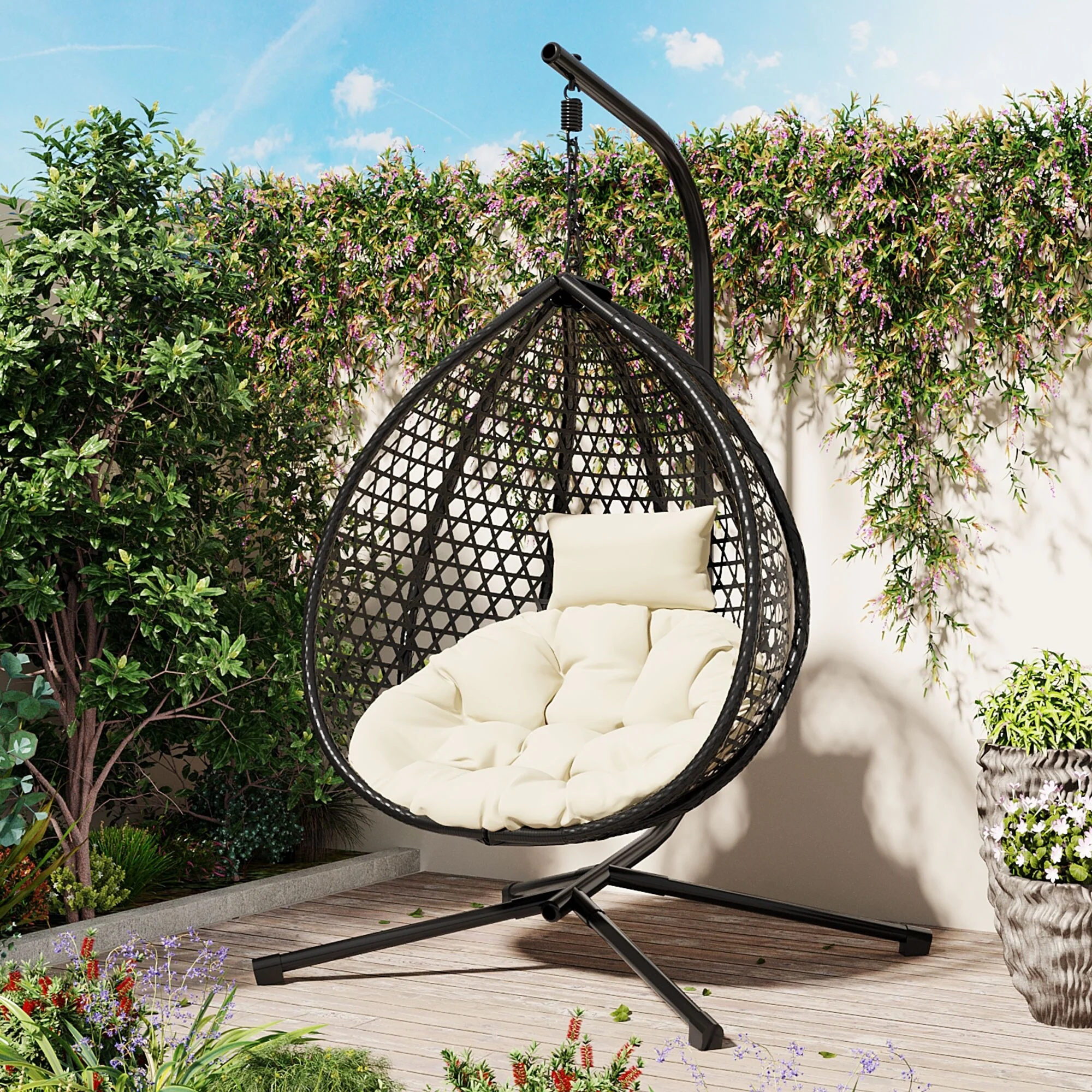 Hollowed-Out Hanging Chair with Adjustable Headrest, Weather-Resistant Rattan Swing Chair with Iron Base