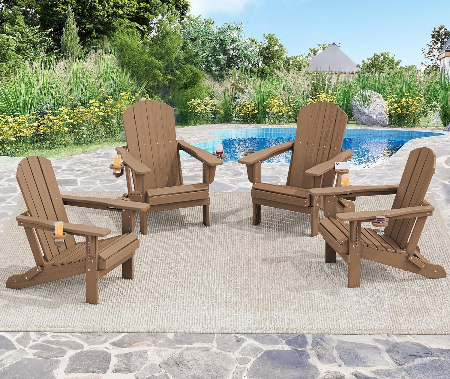 SERWALL Adirondack Chair with Cup Holders - Composite Adirondack Chairs Set of 2 HDPE Outdoor Chairs All Weather Use- Brown