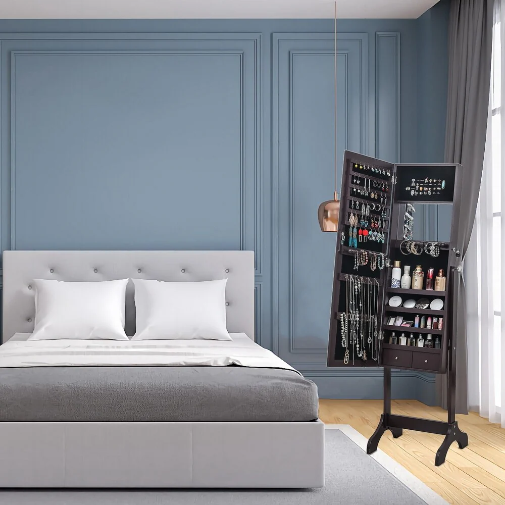 4-layer Shelf with Inner Mirror 2 Drawer Jewelry Storage Adjustable Mirror Cabinet