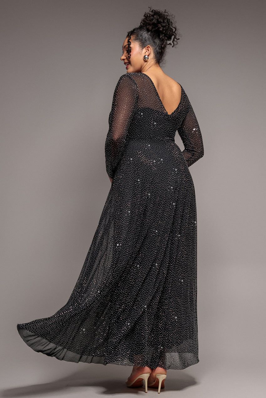 Goddiva Hotfix Diamante Mesh A Line Long Sleeve Maxi Dress
