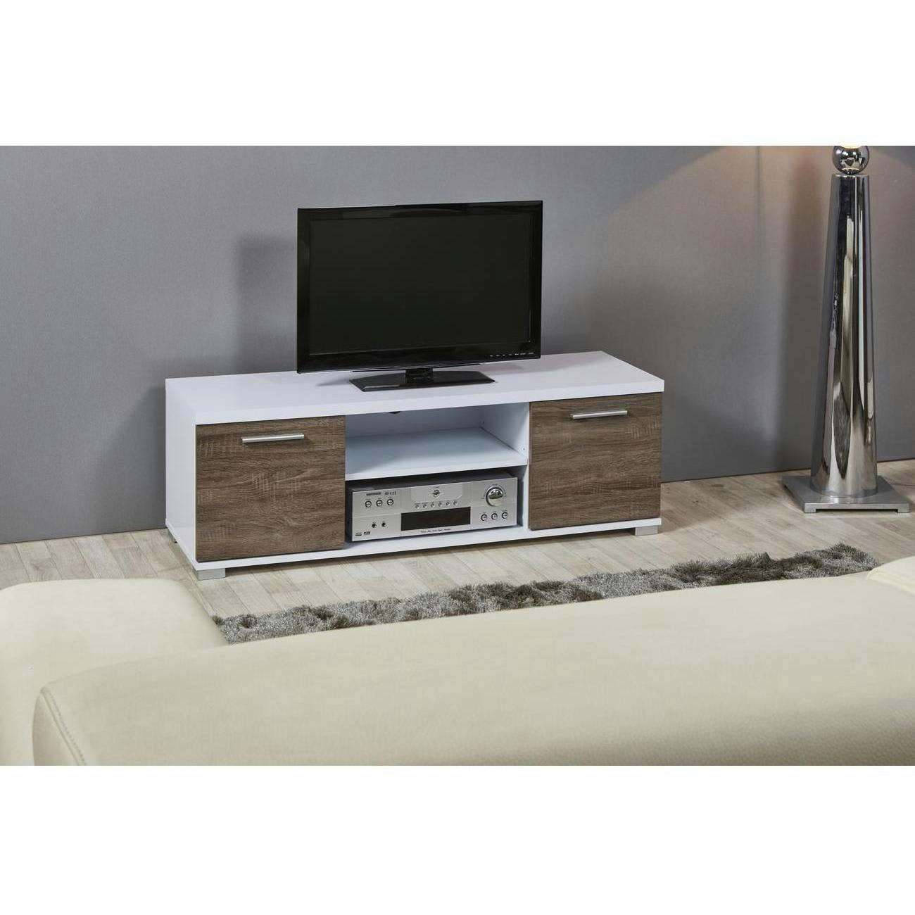 TEDDY - Meuble TV bois laqué blanc et marron