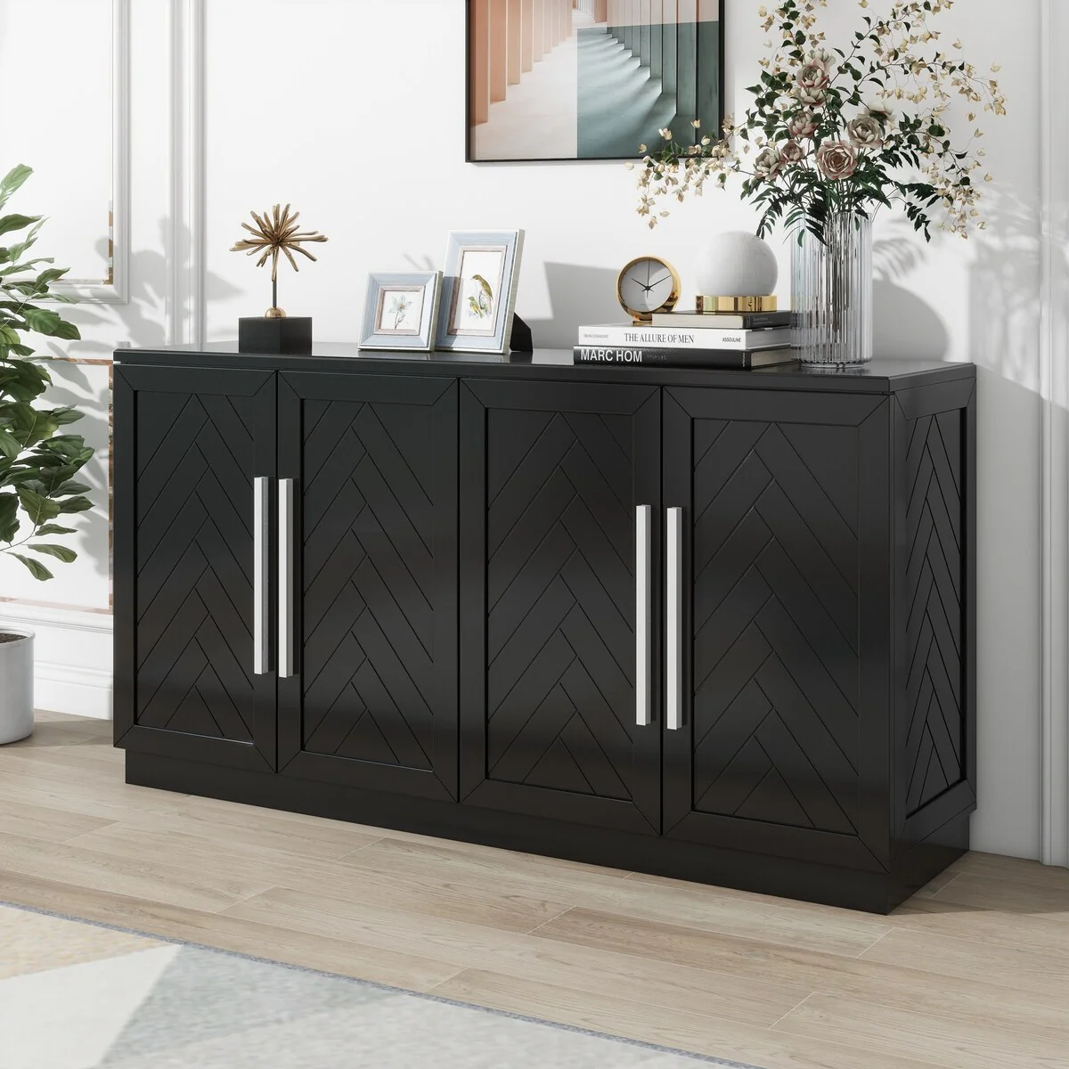 Solid Wood Sideboard with 4 Doors Large Storage Buffet Cabinet