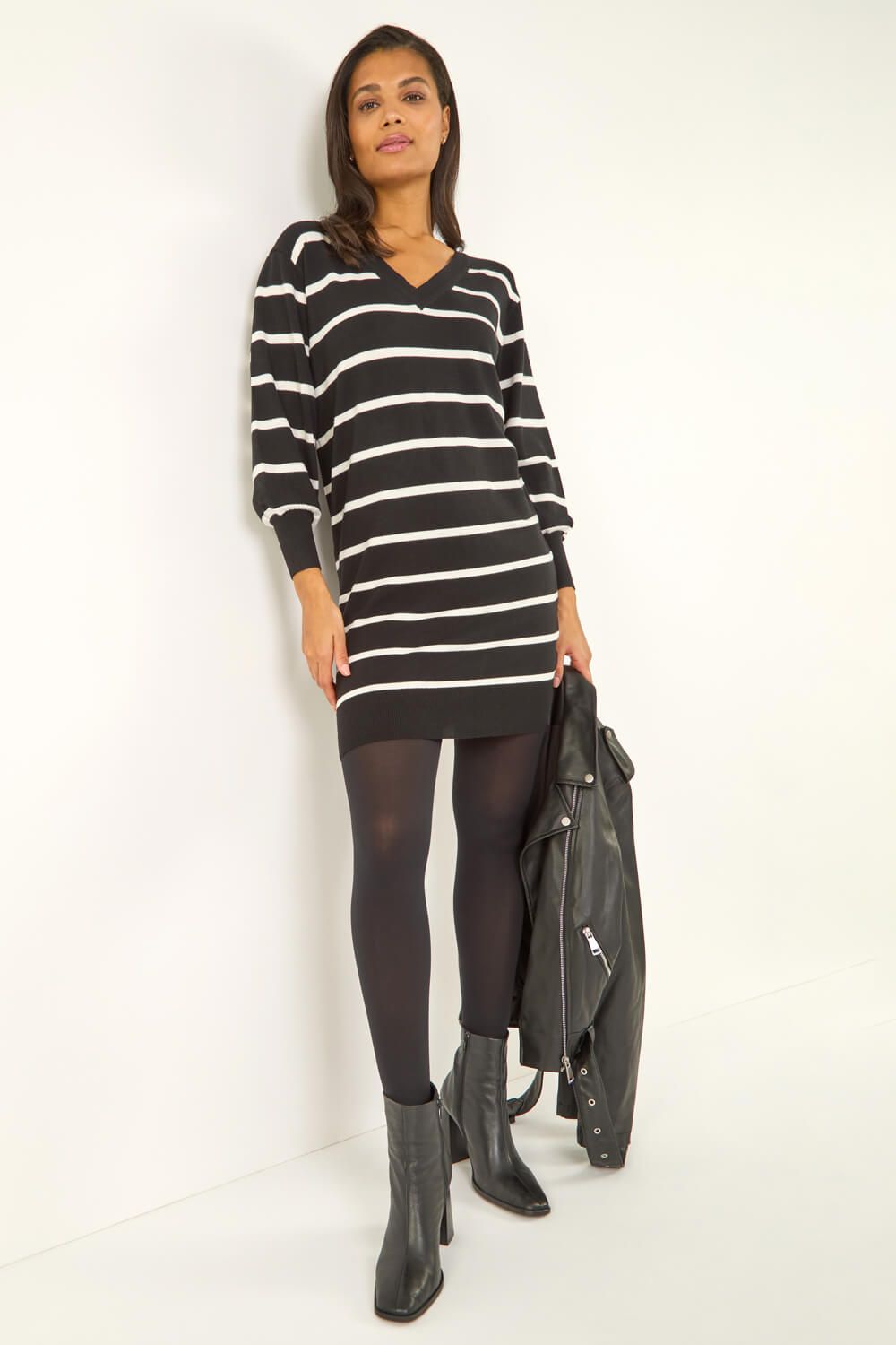 Roman Stripe V-Neck Knit Jumper Dress