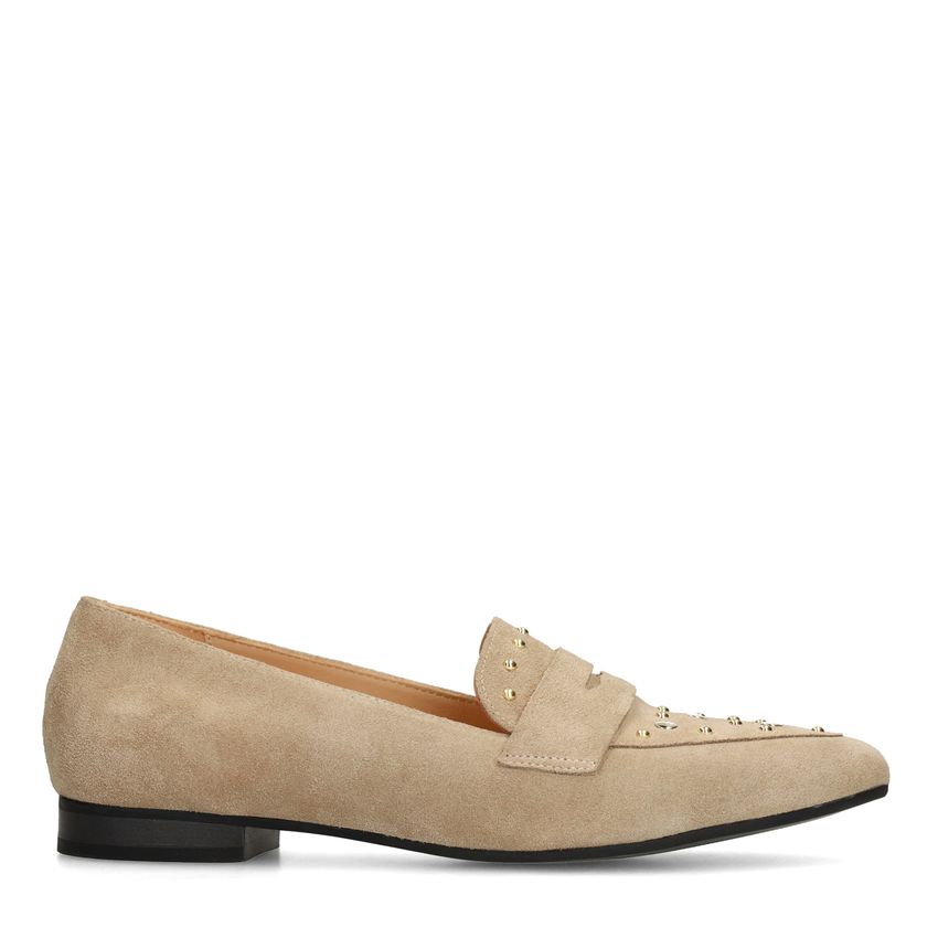 Manfield Beige suède loafers met gouden studs