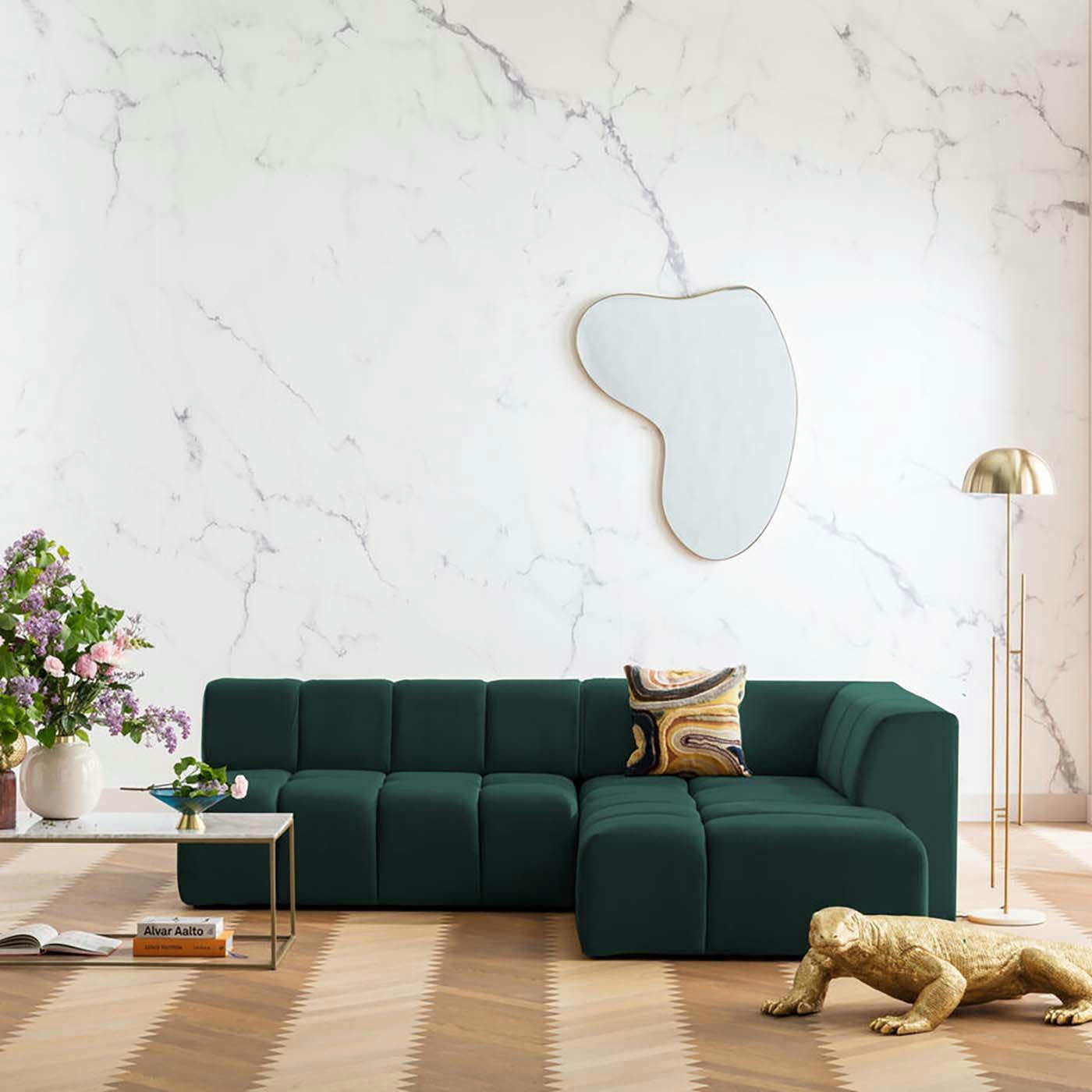 BELAMI - Canapé d'angle droit 4 places en tissu vert foncé