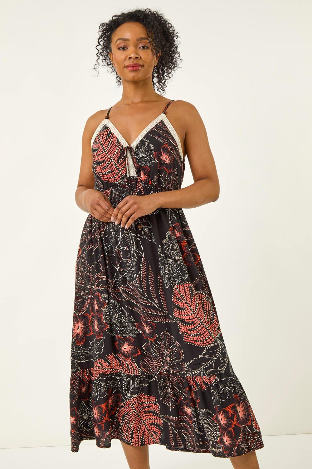 Roman Petite Abstract Leaf Crochet Trim Dress
