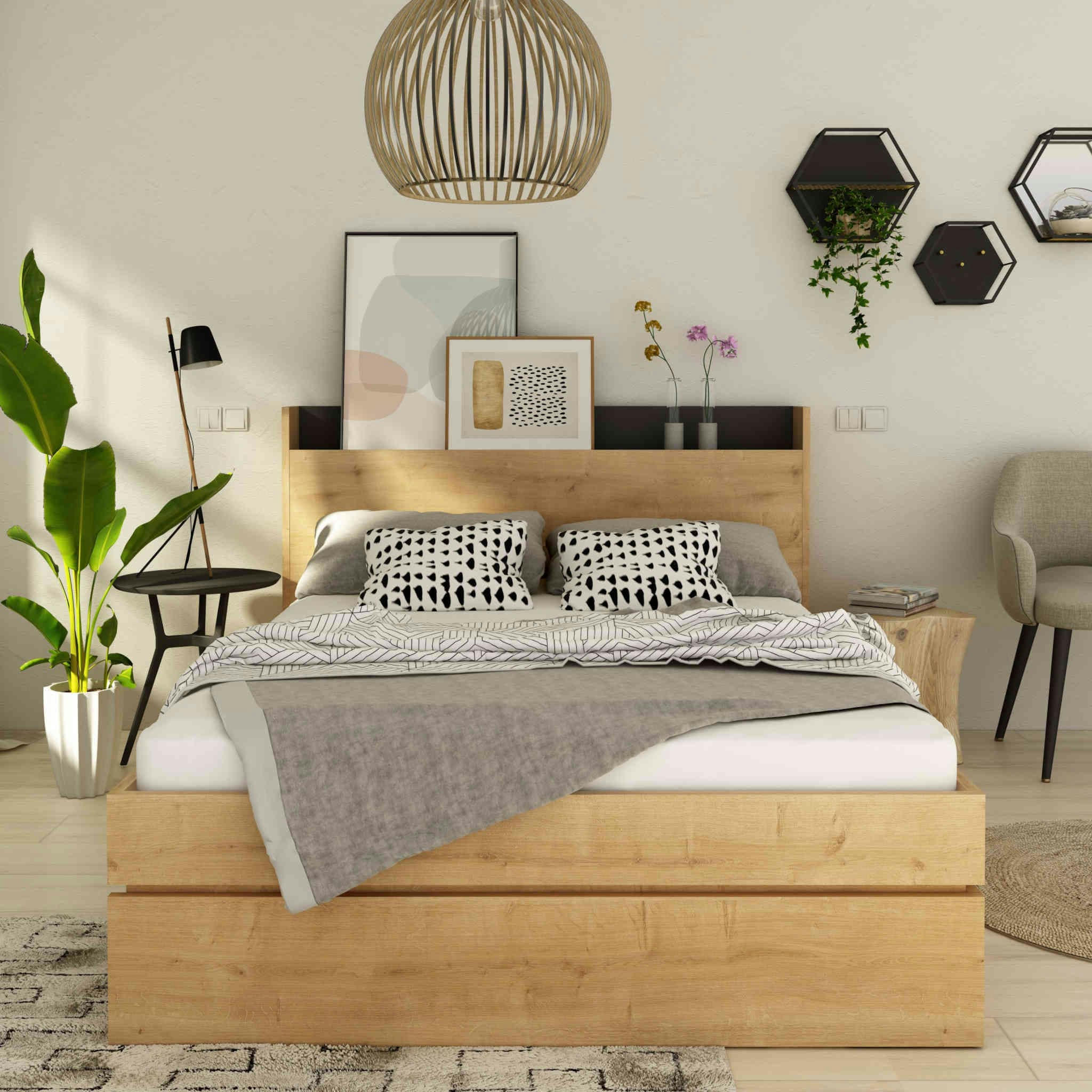 - Lit avec tête de lit en bois imitation chêne 140x190 cm