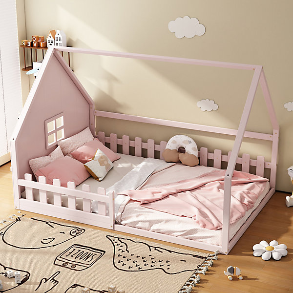 Lit 140x200 cm en pin et MDF forme maisonnette avec garde-corps intégré, coloris rose, design enfant sécurisé