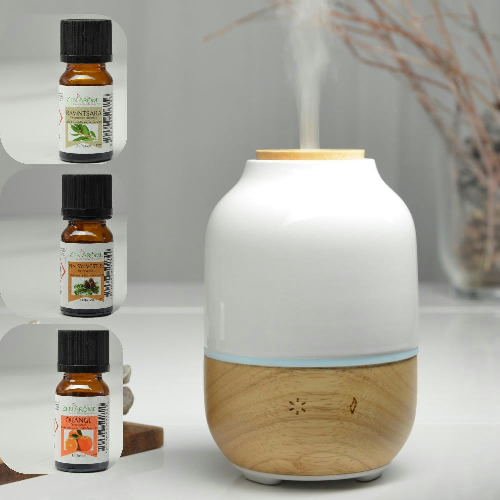 PURISIA - Diffuseur en Céramique et Bambou et Trio d'Huiles Essentielles - H 16