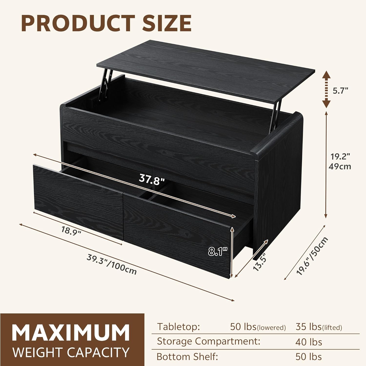 Coffee Table Lift Top with 2 Drawers, 40 Inch Multi-Function Coffee Table with Hidden Compartment, Curved Profile Design, Converts to Home Office Table for Living Room, Black