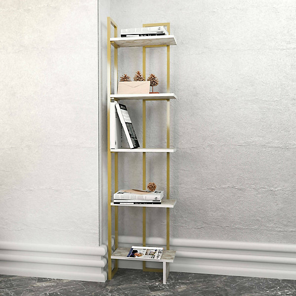 Bibliothèque Alnair, Etagère de bureau, Porte-livre mobile, Librairie, 45x22h180 cm, Blanc et Or