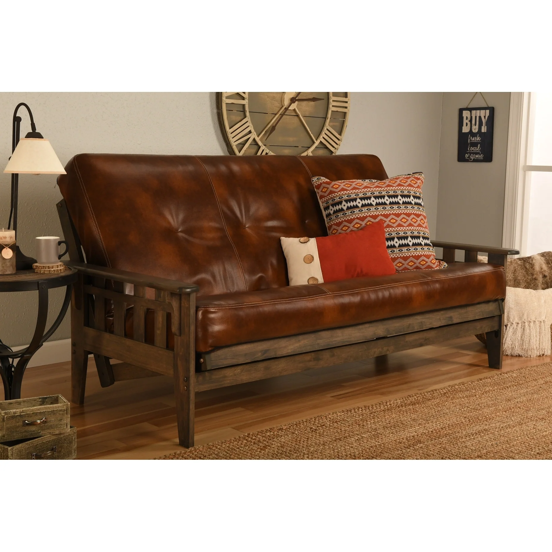 Somette Tucson Full Size Futon Set in Rustic Walnut Finish with Leather Mattress