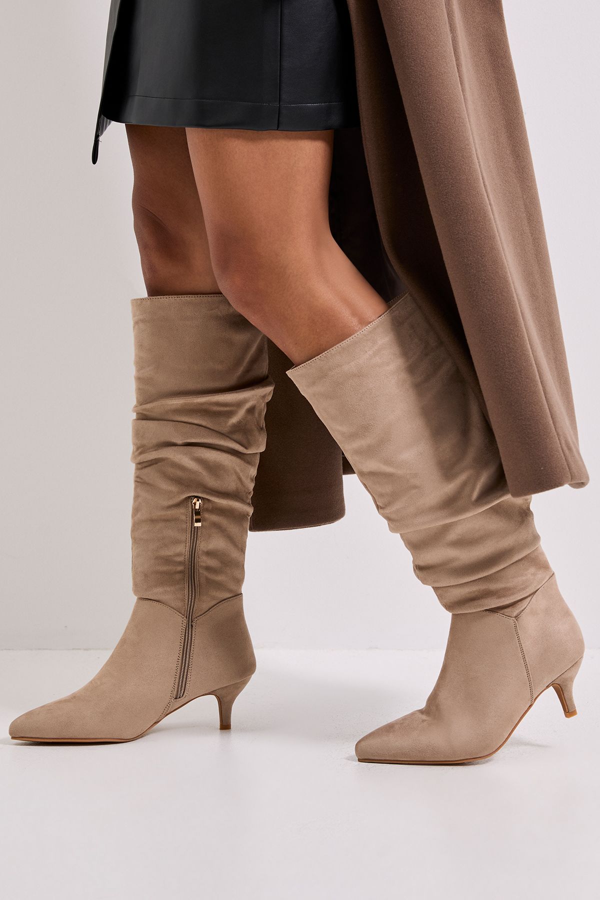 Dorothy Perkins Khloe Faux Suede Kitten Heel Knee High Ruched Boots