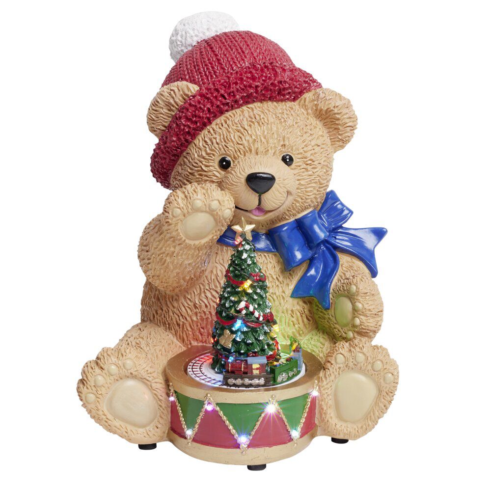Ourson assis avec sapin de No&euml;l lumineux animé sonore polyrésine 26x26xH34,5cm