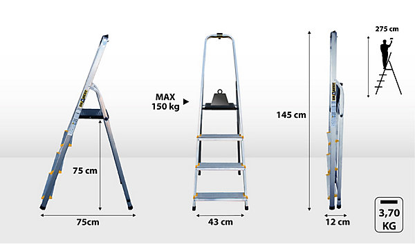 échelle professionnelle en aluminium DRABEST, 4 marches, AVEC CROCHET, 150 kg, 1 pièce.