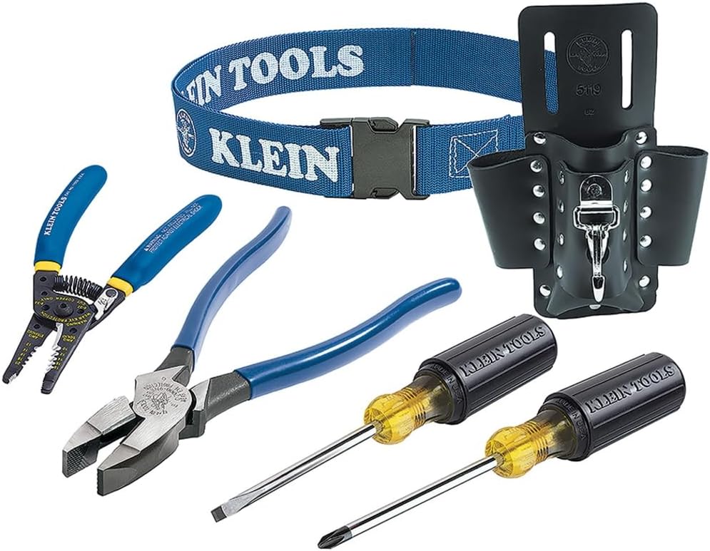 Klein Tools 80006 Trim-Out Tool Kit, Made in USA, with Klein Hand Tools and a 4-Pocket Leather Pouch, 6-Piece