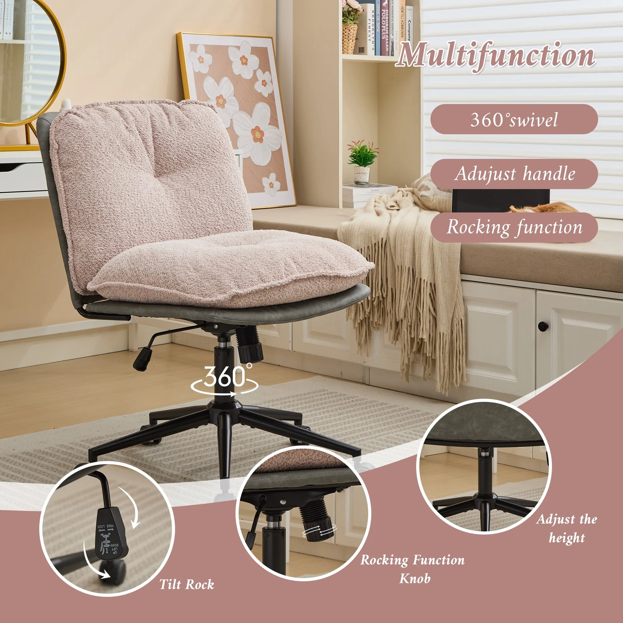 Pink+Grey 28.3 Adjustable Height Rolling Swivel Accent Chair