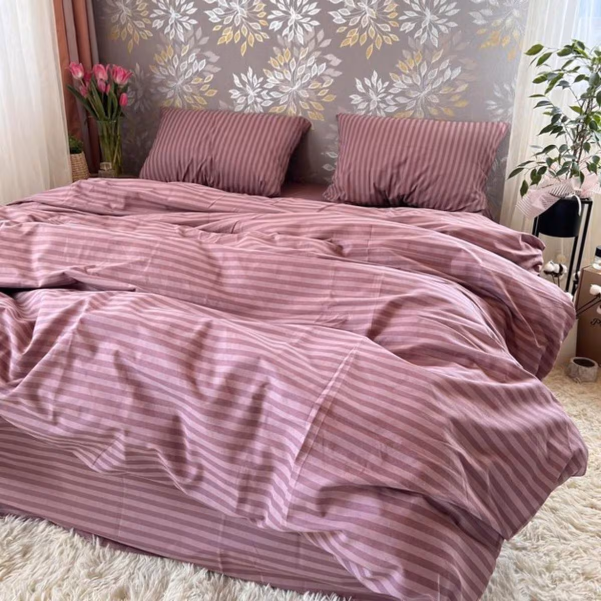 Striped Cotton Bedding – Powder Pink Bedding Set – Duvet Cover, Pillowcases, Flat or Fitted Sheet – Made to Order