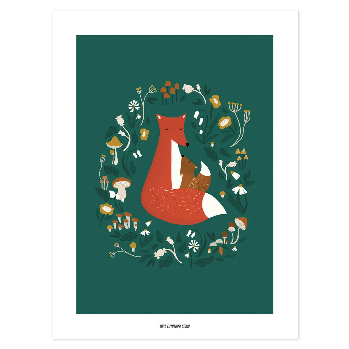 FOREST HAPPINESS - Affiche famille renard en Papier Vert foncé